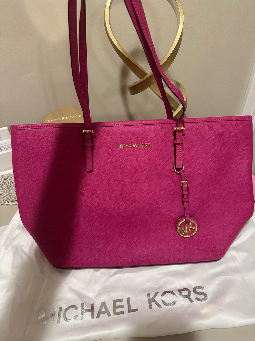 Michael Kors Hot Pink Saffiano Tote with Gold Hardware